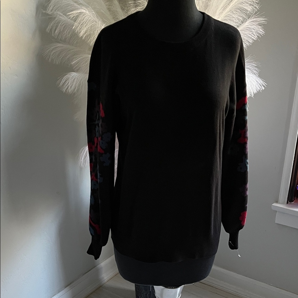 BCBGeneration Black Crewneck Sweater with Red & Blue Floral Sleeves
